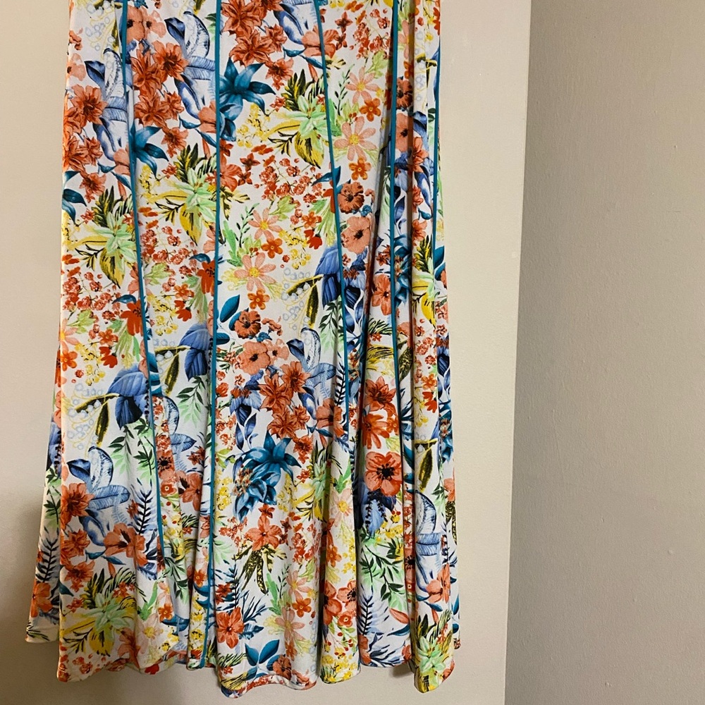 Orange and Blue Pleated A-Line Midi Skirt